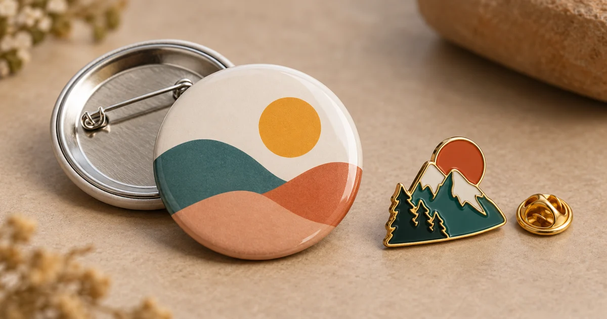 Round printed button badge with a safety-pin back beside a coloured metal enamel pin and butterfly clasp