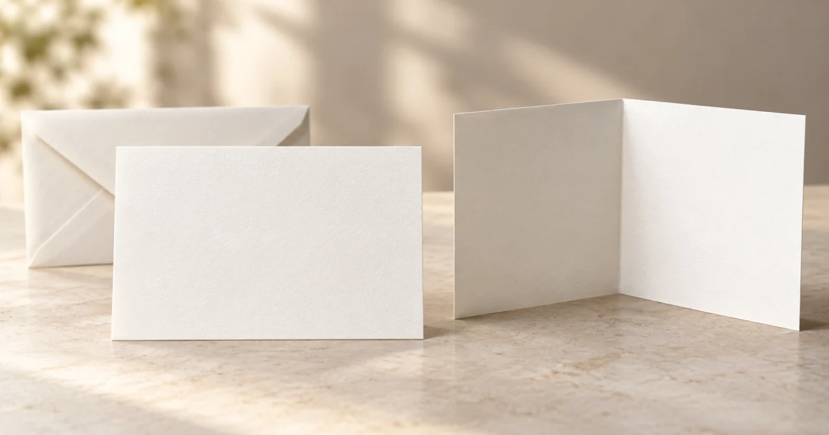 A blank flat invitation card beside an open folded card, with an unbranded envelope behind them on a neutral tabletop