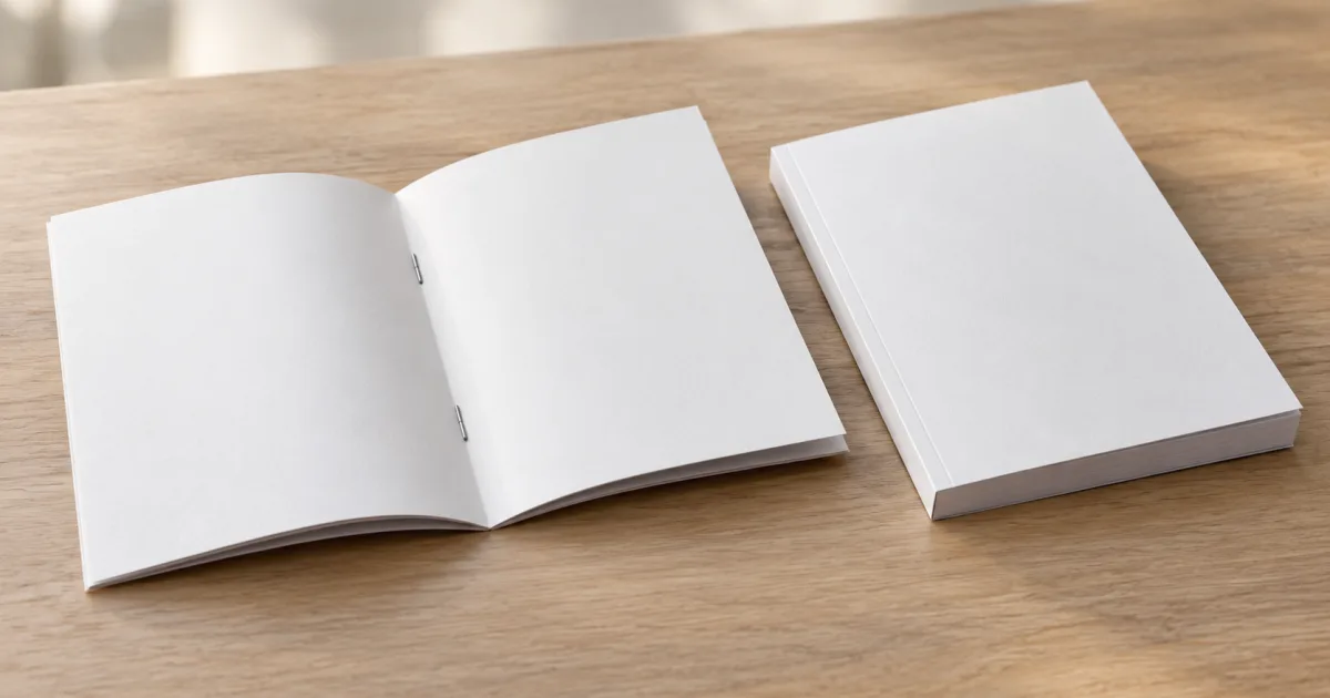 Two blank event booklets on a tabletop: a thin booklet open to its centre staples and a thicker closed booklet with a square bound spine