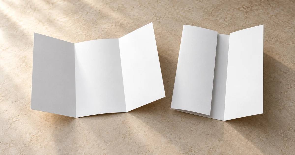 Two blank tri-fold brochures on a neutral table, one opened in a zigzag and the other with an inner panel tucked beneath the cover